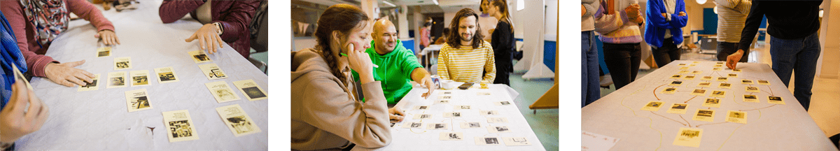 Participants autour d'une grande table manipulant les cartes de la fresque de Designers éthiques.