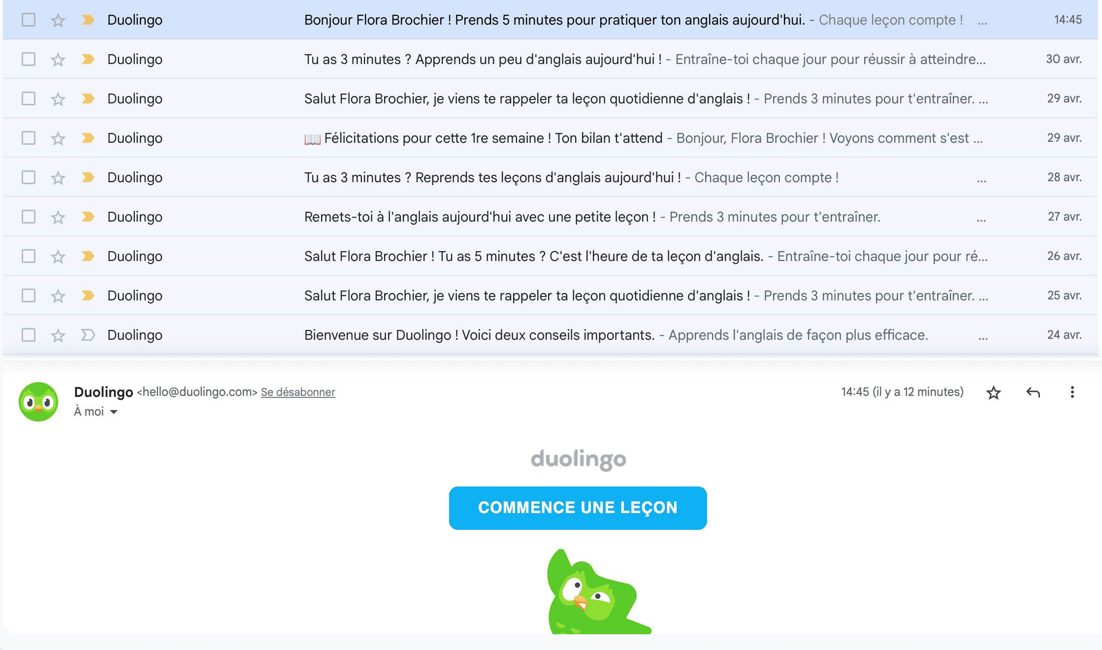 Vue des mails Duolingo reçus par un utilisateur. Il y a à minima un mail par jour pour lui rappeler de commencer sa leçon.