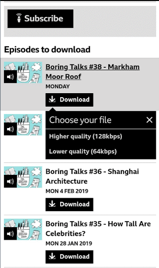 Impression d'écran de l'application BBC dans laquelle on doit choisir la qualité du fichier lors du téléchargement de l'épisode entre basse et bonne.